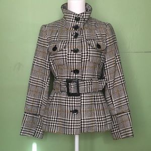 AGB belted‎ houndstooth pea coat with yellow accent